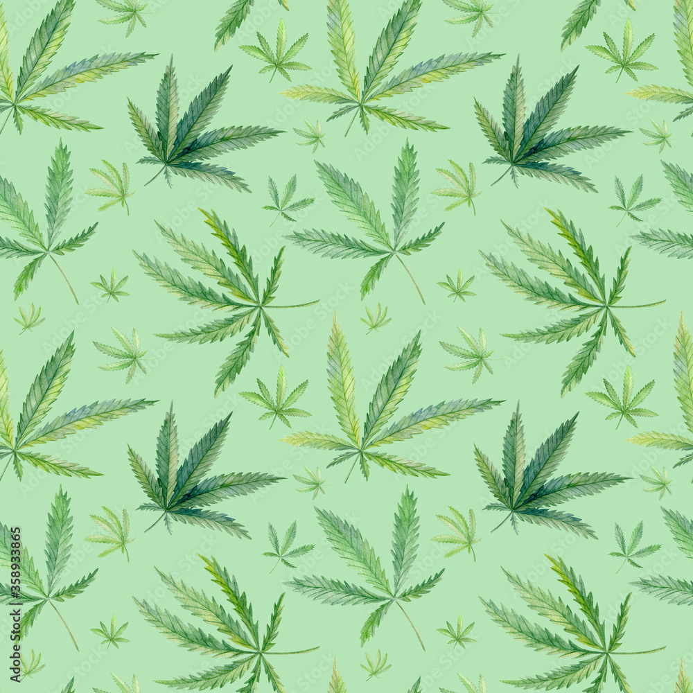 Watercolor cannabis leaves, seamless pattern on green background. Medical marijuana. Hand drawn illustration. Watercolor cannabis leaves, seamless pattern on green background. Medical marijuana. Hand drawn illustration.