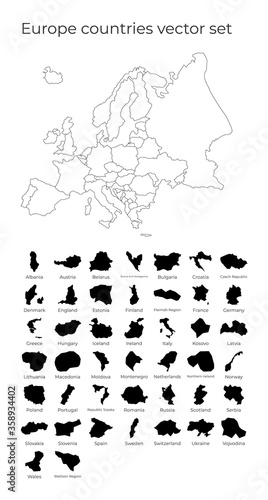 Europe map with shapes of regions. Blank vector map of the Continent with countries. Borders of the continent for your infographic. Vector illustration.