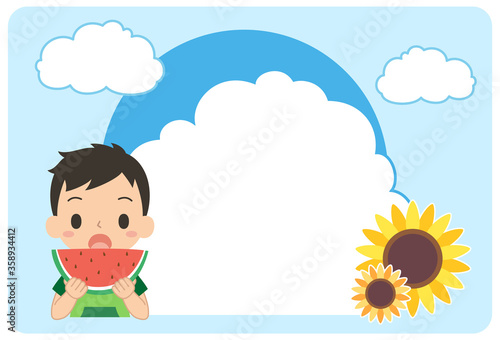 スイカを食べる男の子がいるひまわりと青空の夏フレーム