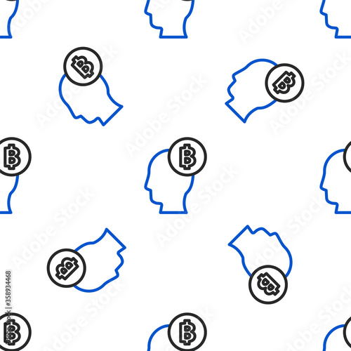 Line Bitcoin think icon isolated seamless pattern on white background. Cryptocurrency head. Blockchain technology, digital money market, cryptocoin wallet. Colorful outline concept. Vector.