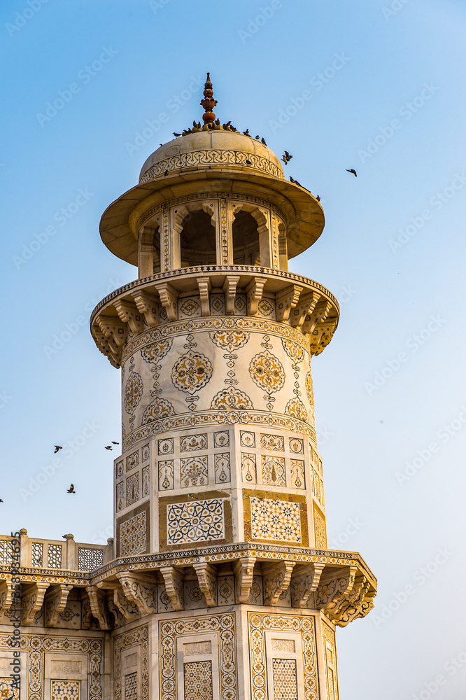 It's Minaret of the Itmad-Ud-Daulah Mausoleum (Jewel Box or the Baby Taj) in Agra, Uttar Pradesh, India. It was referred as a draft for Taj Mahal