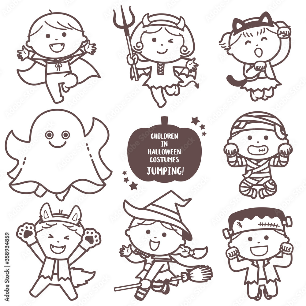 Children jumping in Halloween ghost costumes / Single color Children jumping in Halloween ghost costumes / Single color