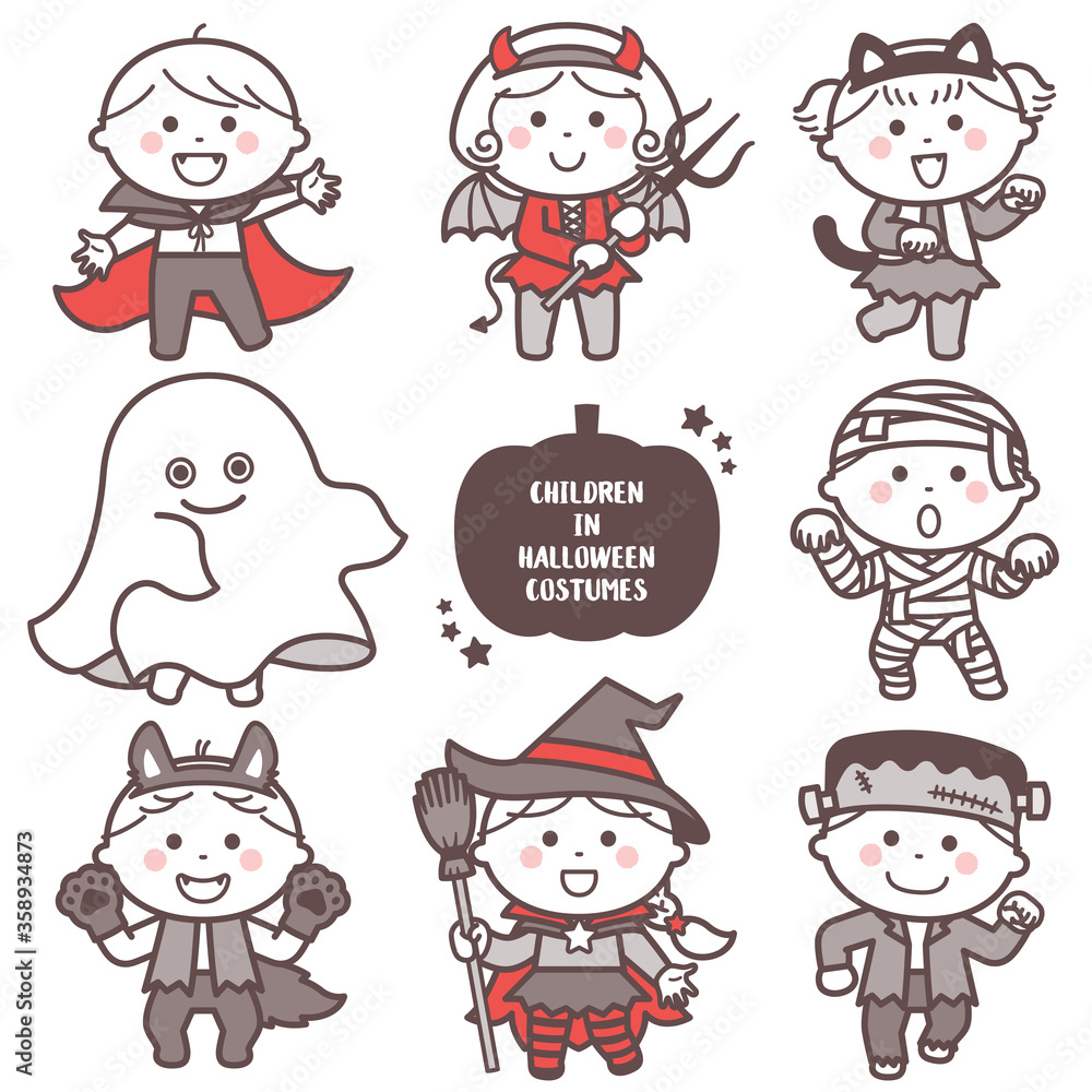 Children posing in Halloween ghost costumes / Two colors Children posing in Halloween ghost costumes / Two colors