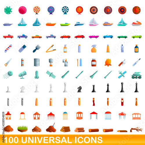 100 universal icons set. Cartoon illustration of 100 universal icons vector set isolated on white background