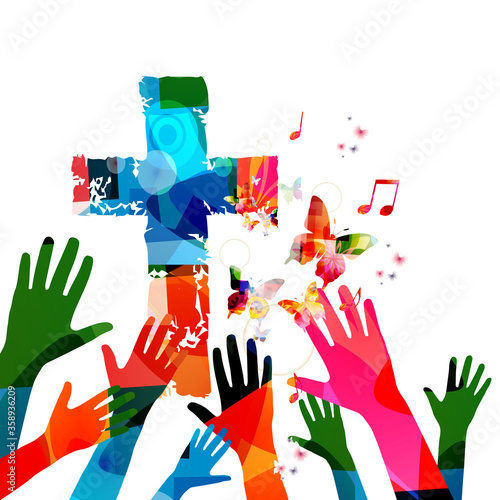 Colorful christian cross with music notes and hands isolated vector illustration. Religion themed background. Design for gospel church music, choir singing, concert, festival, Christianity, prayer