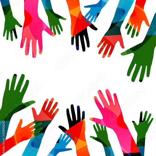 Colorful human hands raised isolated vector illustration. Charity and help, volunteerism, social care and  community support concepts 