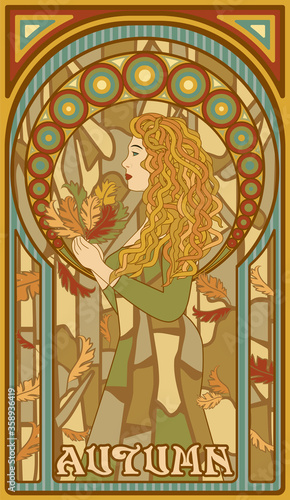 Autumn woman in art nouveau style, vector illustration	
