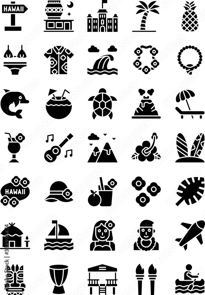 Hawaii related pineapple, coconut, guitar, boy, girl, flower, leaf, boat, airplane, drum,fire stick,surf, shirt, necklace, dolphin, tortoise, lava, mountains, and cap vector in solid design, Hawaii related pineapple, coconut, guitar, boy, girl, flower, leaf, boat, airplane, drum,fire stick,surf, shirt, necklace, dolphin, tortoise, lava, mountains, and cap vector in solid design,