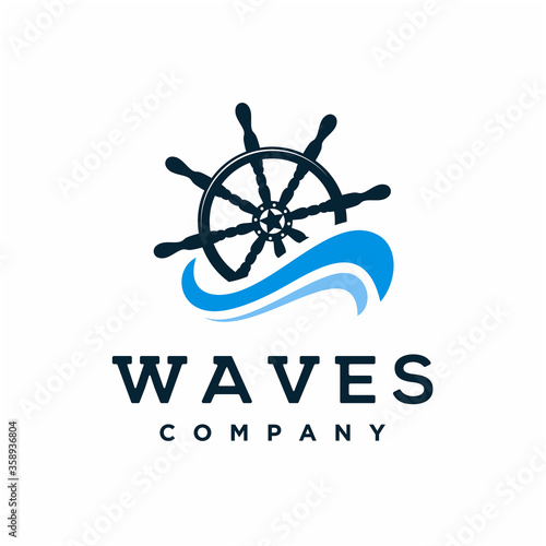 Ship steering wheel with waves logo design