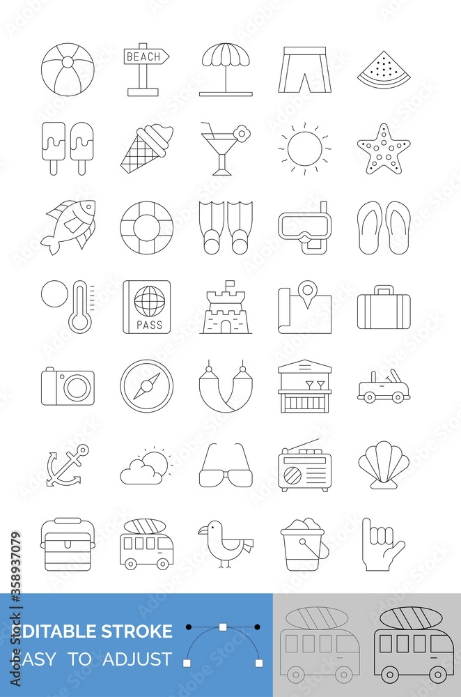 summer beach related camera, football, luggage, shirt, compass, starfish, watermelon, location, water tube, glasses, radio, ice cream, car,  bus, duck, basket and slipper vector in lineal style,
