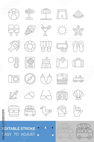 summer beach related camera, football, luggage, shirt, compass, starfish, watermelon, location, water tube, glasses, radio, ice cream, car,  bus, duck, basket and slipper vector in lineal style,