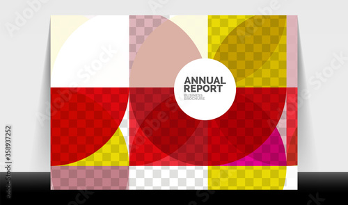 Horizontal A4 business flyer annual report template, circles and triangle style shapes modern geometric design for brochure layout, magazine or booklet