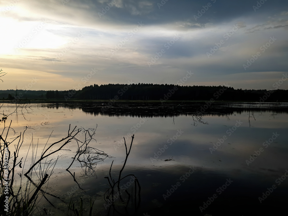 Summer landscape with sunset and reflection in the water on the lake. 