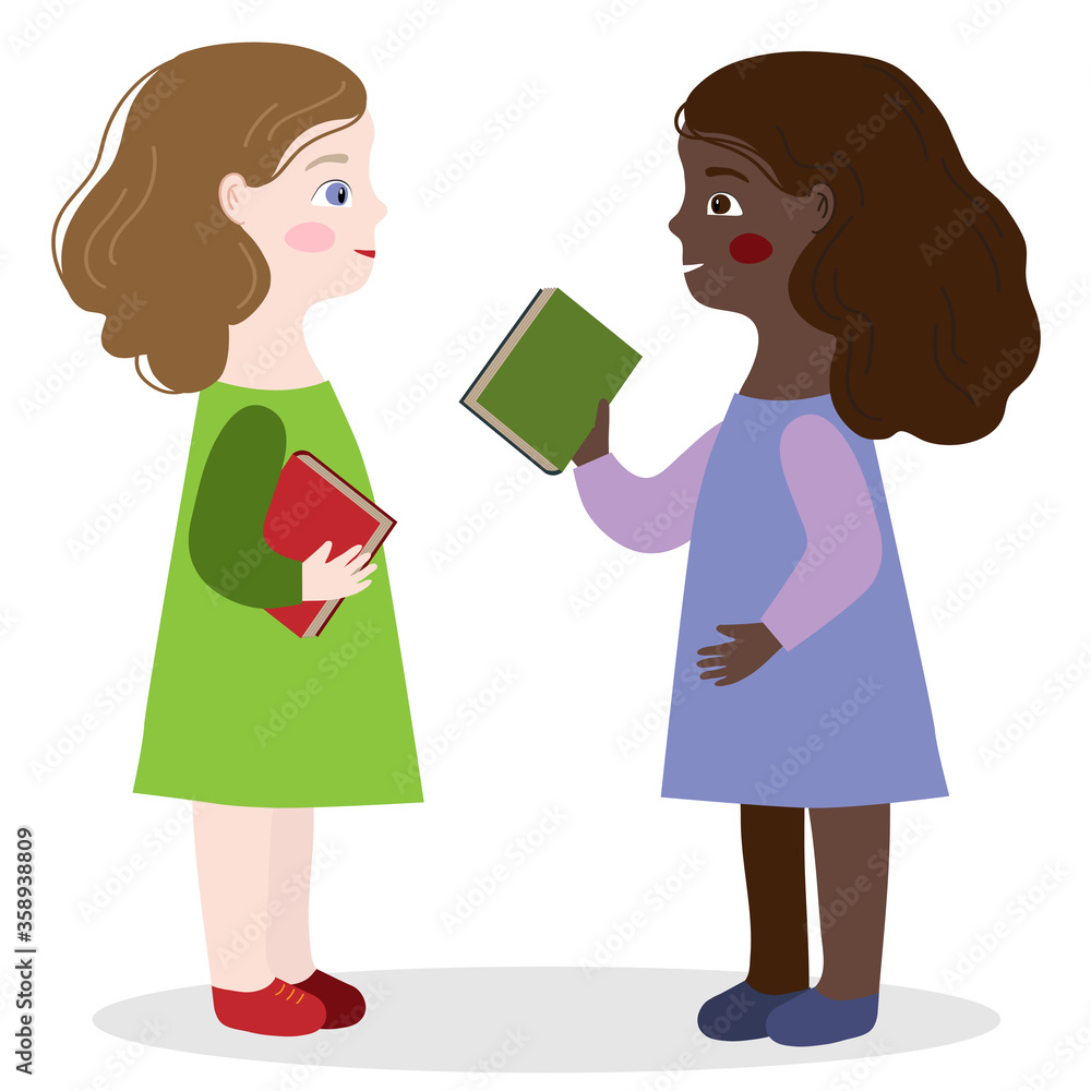 Two girls are talking about books at school. Schoolchildren communicate. Children are learning. Two girls are talking about books at school. Schoolchildren communicate. Children are learning.