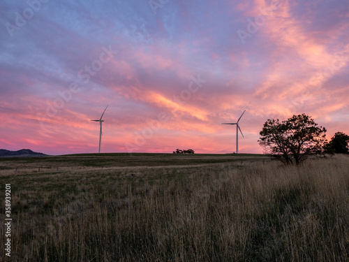 Wind farms at sunset at Waubra in Victoria Australia