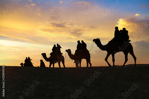 Camel caravan with tourists in silhouette at the Thar desert Jaisalmer Rajasthan, India at sunset