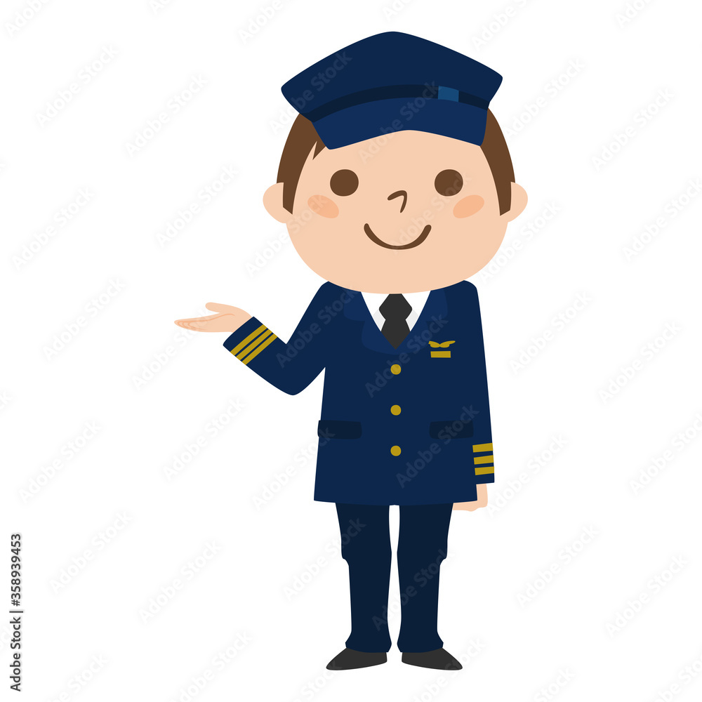 旅客機の男性パイロットが笑顔で案内してるイラスト。