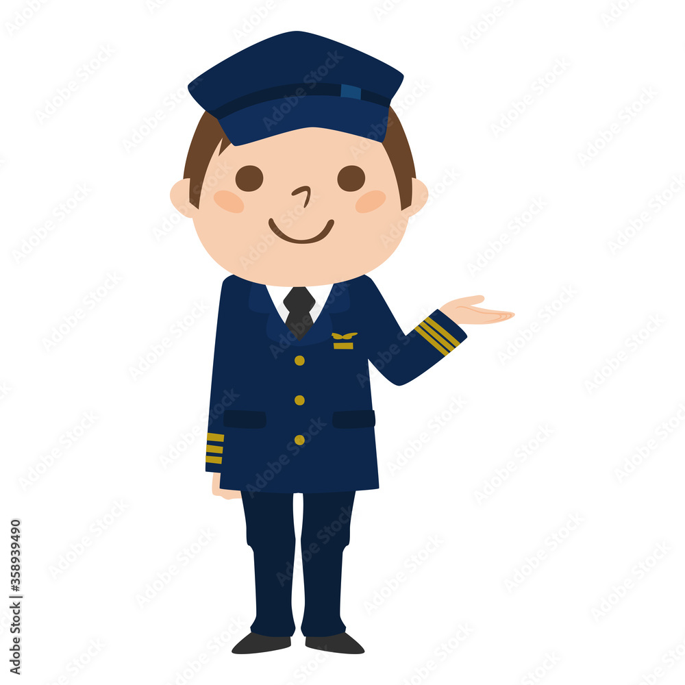 旅客機の男性パイロットが笑顔で案内してるイラスト。 旅客機の男性パイロットが笑顔で案内してるイラスト。