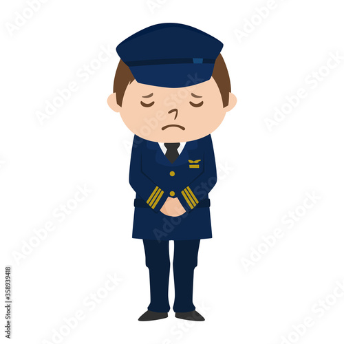 旅客機の男性パイロットが悲しい顔でお辞儀をしてるイラスト。