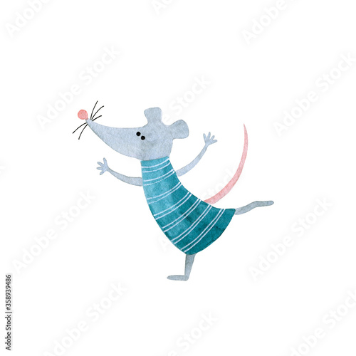 Dancing rat in funny blue with white stripes suit. Watercolor illustration isolated on white.