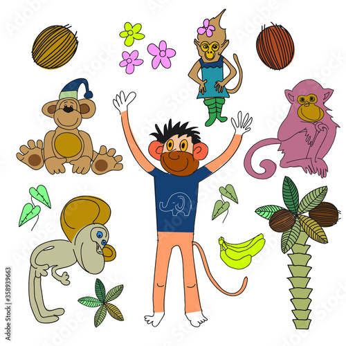 A set of monkeys. Children's illustration with animals.