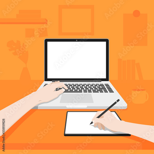 Working area with the person working. That has blank screen of laptop on the desk. the left hand using on a keyboard of laptop and the right hand using a graphics tablet. vector illustration