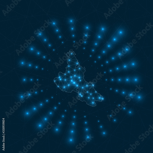 Krk digital map. Glowing rays radiating from the island. Network connections and telecommunication design. Vector illustration.