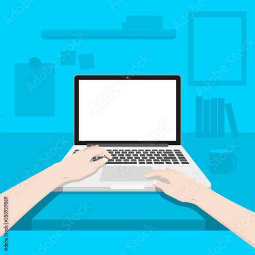 Working area with the person working. the left hand using on a keyboard and the right hand touching on a touchpad of laptop. vector illustration