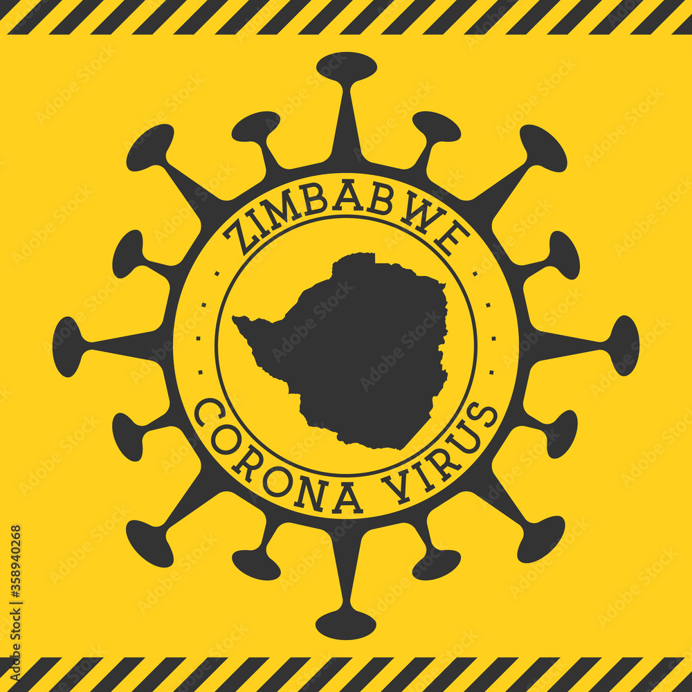 Corona virus in Zimbabwe sign. Round badge with shape of virus and Zimbabwe map. Yellow country epidemy lock down stamp. Vector illustration.