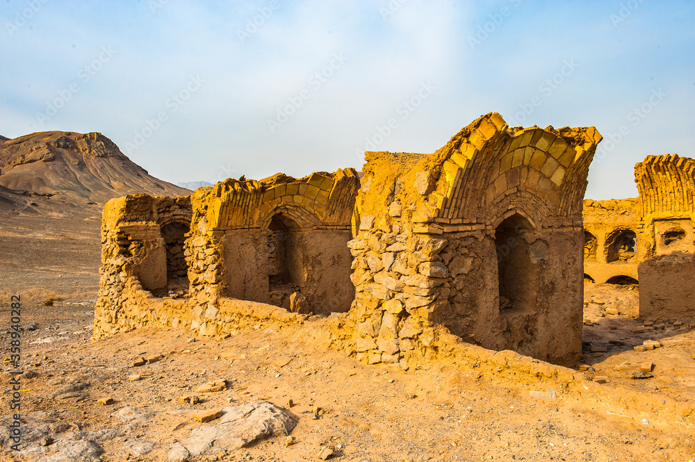 It's Desert of Yazd, Iran, Zoroastrian architecture ruins on the sand
