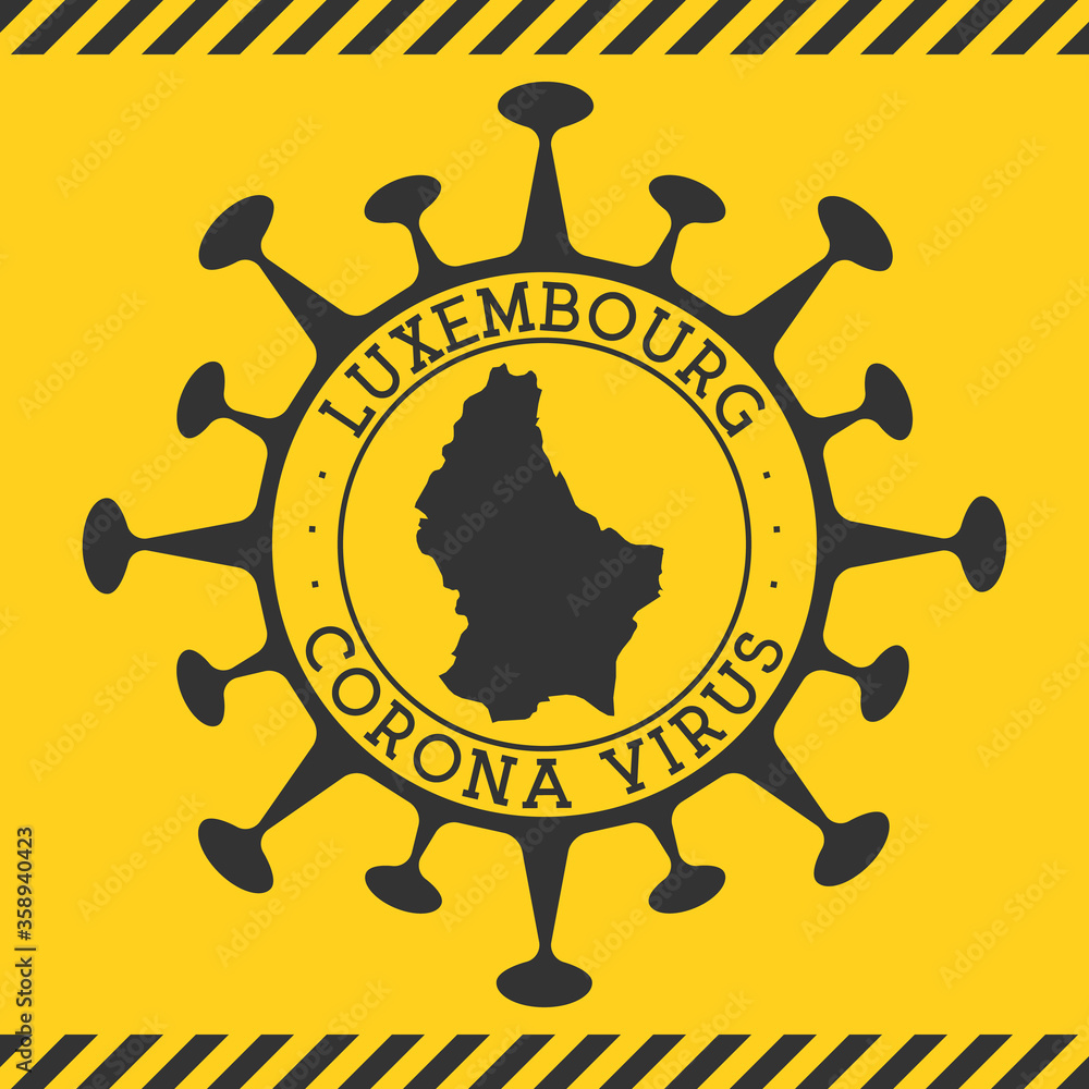 Corona virus in Luxembourg sign. Round badge with shape of virus and Luxembourg map. Yellow country epidemy lock down stamp. Vector illustration.