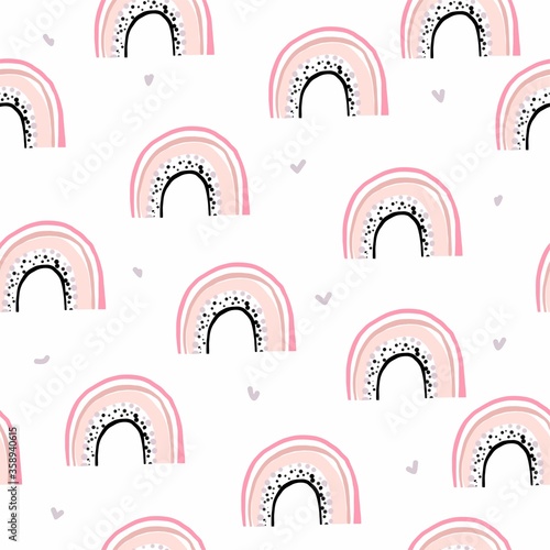 Seamless pattern rainbow clouds heart droplets cute kawaii. pastel pink, yellow, purple, black, fuchsia. for children. for fabrics and textiles