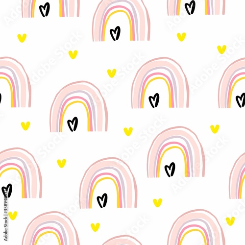 Fototapeta Naklejka Na Ścianę i Meble -  Seamless pattern rainbow clouds heart droplets cute kawaii. pastel pink, yellow, purple, black, fuchsia. for children. for fabrics and textiles