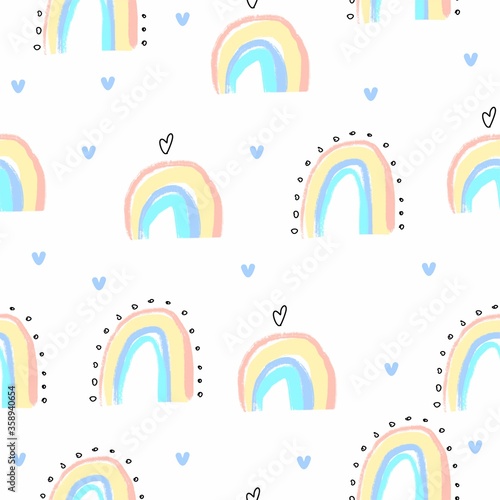Seamless pattern rainbow clouds heart droplets cute kawaii. pastel yellow, pink, blue, purple. for children. for fabrics and textiles