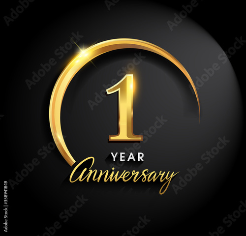 1st years anniversary celebration. Anniversary logo with ring and elegance golden color isolated on black background, vector design for celebration, invitation card, and greeting card