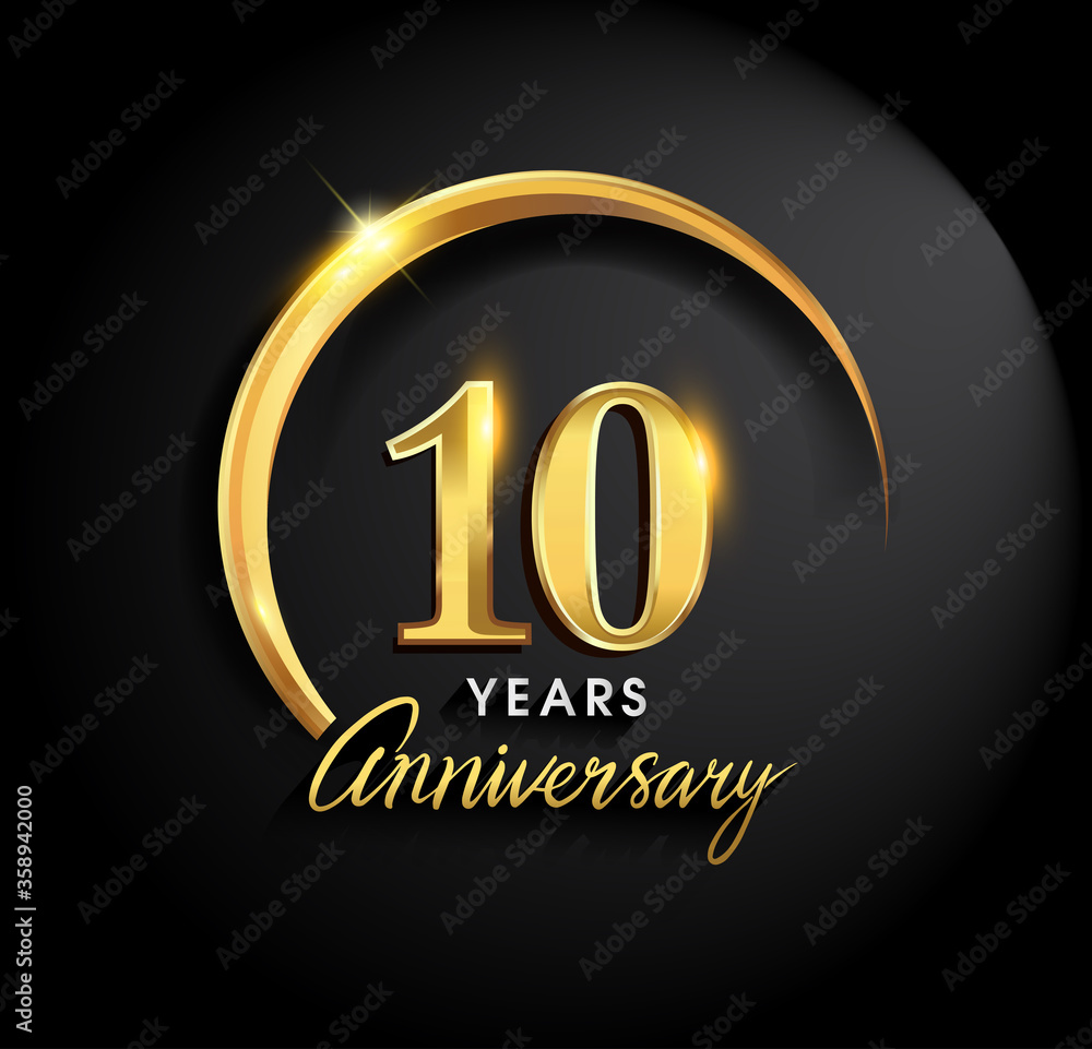 10th years anniversary celebration. Anniversary logo with ring and elegance golden color isolated on black background, vector design for celebration, invitation card, and greeting card