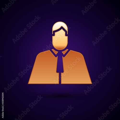 Gold Lawyer, attorney, jurist icon isolated on black background. Jurisprudence, law or court icon. Vector Illustration.