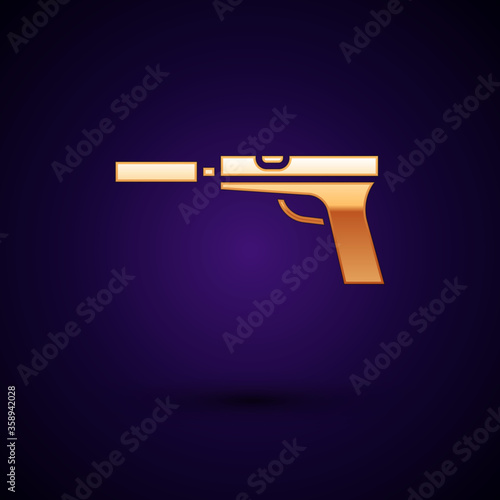 Gold Pistol or gun with silencer icon isolated on black background. Vector Illustration.