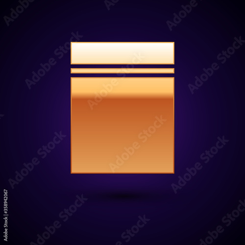 Gold Plastic bag with ziplock icon isolated on black background. Vector Illustration.