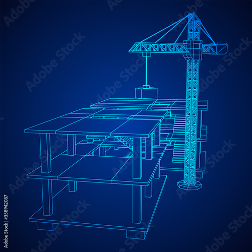 Building under construction with crane. Build house construct in process. Wireframe low poly mesh vector illustration