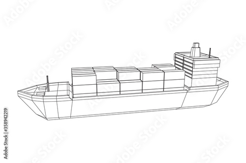 Heavy dry cargo ship of bulk carrier with freight containers. Wireframe low poly mesh vector illustration.