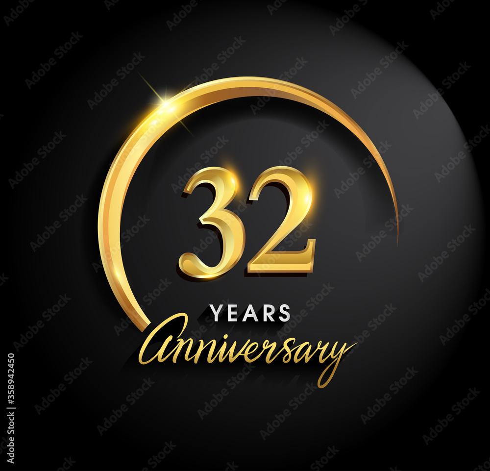 32nd years anniversary celebration. Anniversary logo with ring and elegance golden color isolated on black background, vector design for celebration, invitation card, and greeting card 32nd years anniversary celebration. Anniversary logo with ring and elegance golden color isolated on black background, vector design for celebration, invitation card, and greeting card