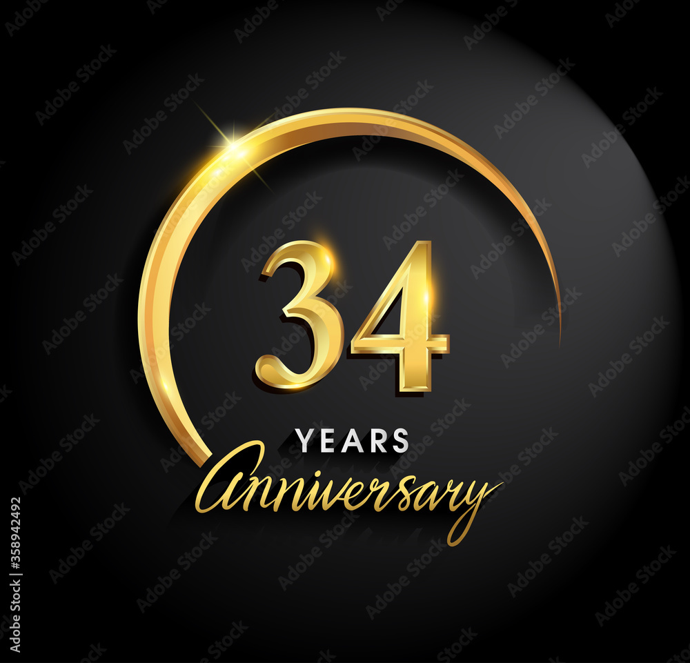 34th years anniversary celebration. Anniversary logo with ring and elegance golden color isolated on black background, vector design for celebration, invitation card, and greeting card 34th years anniversary celebration. Anniversary logo with ring and elegance golden color isolated on black background, vector design for celebration, invitation card, and greeting card