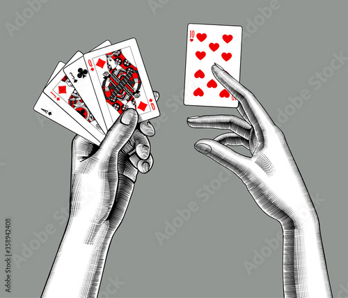 Female hands with playing cards. Vintage engraving stylized drawing