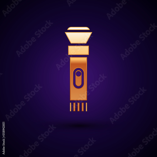 Gold Flashlight icon isolated on black background. Vector Illustration.