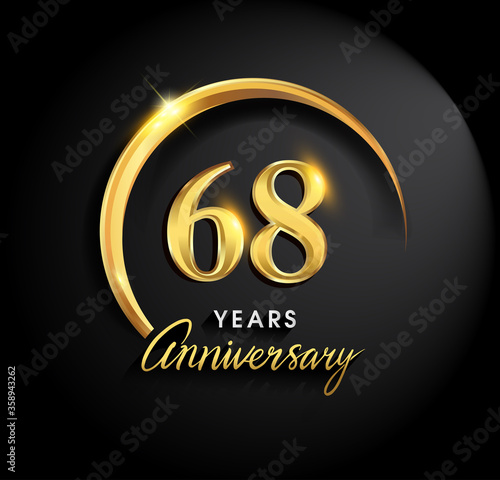 68th years anniversary celebration. Anniversary logo with ring and elegance golden color isolated on black background, vector design for celebration, invitation card, and greeting card