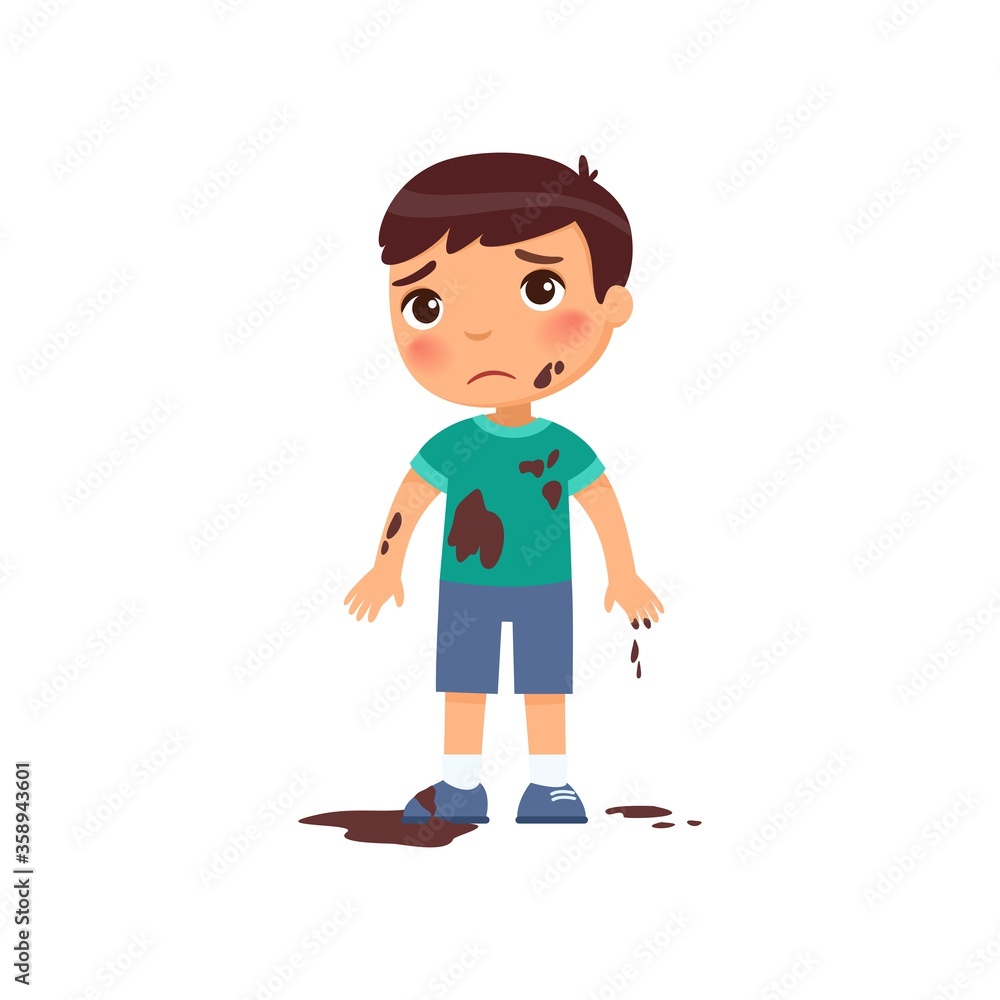 Sad dirty boy flat vector color illustration. Unhappy caucasian toddler in mud. Bad child behavior. Untidy, grubby little child with dark hair cartoon character isolated on white background