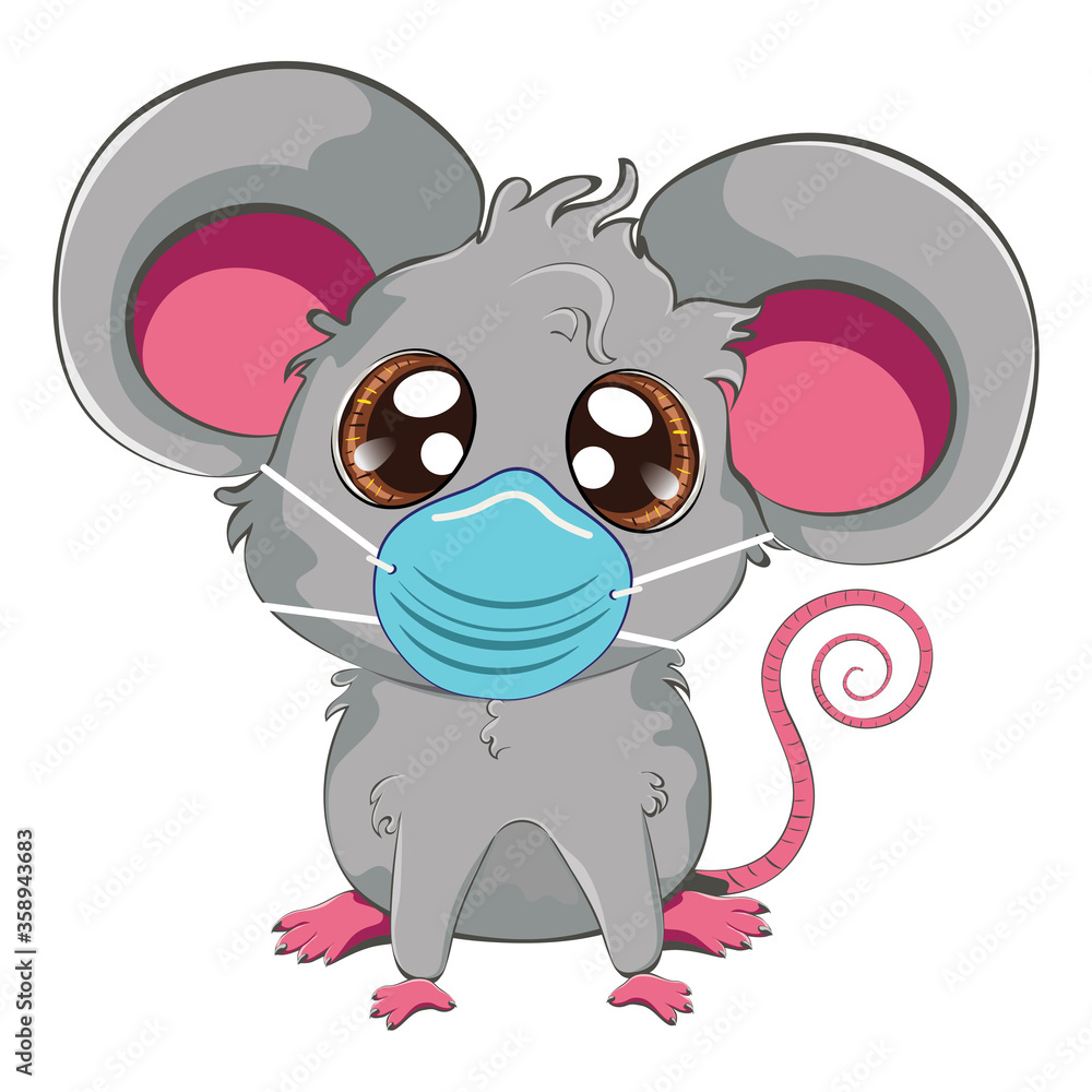 Obraz premium Kawaii grey mouse in face mask