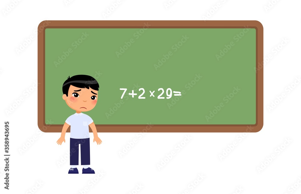 Little asian boy cannot solve the difficult example on the school board. Sad schoolboy flat vector illustration. Kid does not know the answer to mathematical question Little asian boy cannot solve the difficult example on the school board. Sad schoolboy flat vector illustration. Kid does not know the answer to mathematical question