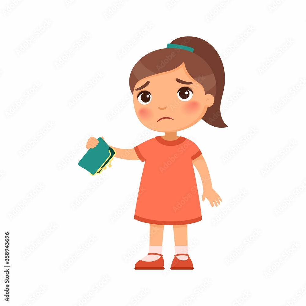 Little girl with empty wallet in hand flat vector illustration. Upset poor child cartoon character. Poverty, unemployed person in need. Frustrated little kid isolated design element on white Little girl with empty wallet in hand flat vector illustration. Upset poor child cartoon character. Poverty, unemployed person in need. Frustrated little kid isolated design element on white